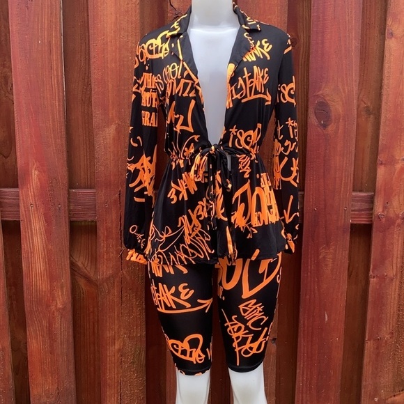 Pants - Women's Black & Orange Graffiti Print Pantsuit Size S